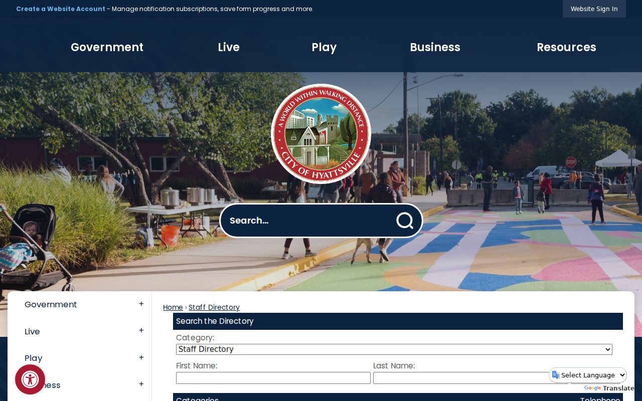 Hyattsville people directories city staff category and name search filters